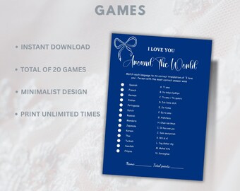 ブルーを基調としたミニマルなブライダルシャワーゲームセット、独身最後のパーティー向けアクティビティ20選（デジタルダウンロード）