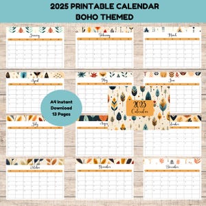 A4 Landscape Calendar Pages Bundle, Boho Themed, 2025 Year Calendar, 12 Month Printable Calendar, Desk Calendar