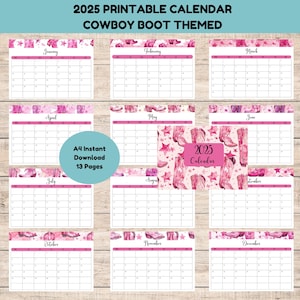 A4 Landscape Calendar Pages Bundle, Cowboy Themed, 2025 Year Calendar, 12 Month Printable Calendar, Desk Calendar