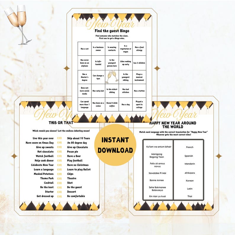 May include: A set of printable New Year's Eve party games. The games include a Bingo game, a 'This or That' game, and a 'Happy New Year Around the World' matching game. The games are decorated with black and gold accents.