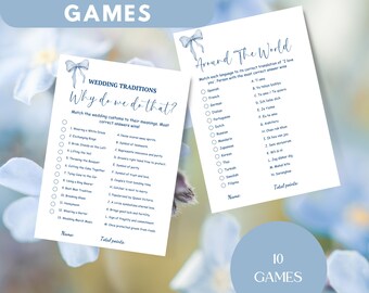 サムシングブルーのブライダルシャワーゲーム – リボンテーマ、10種類のアクティビティ（デジタルダウンロード）