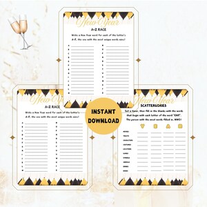 May include: Three printable New Year's party game sheets. The games include an A-Z race, and Scattergories. The sheets have a gold and black balloon design. The words "New Year" are at the top of each sheet. The words "Instant Download" are in the center.