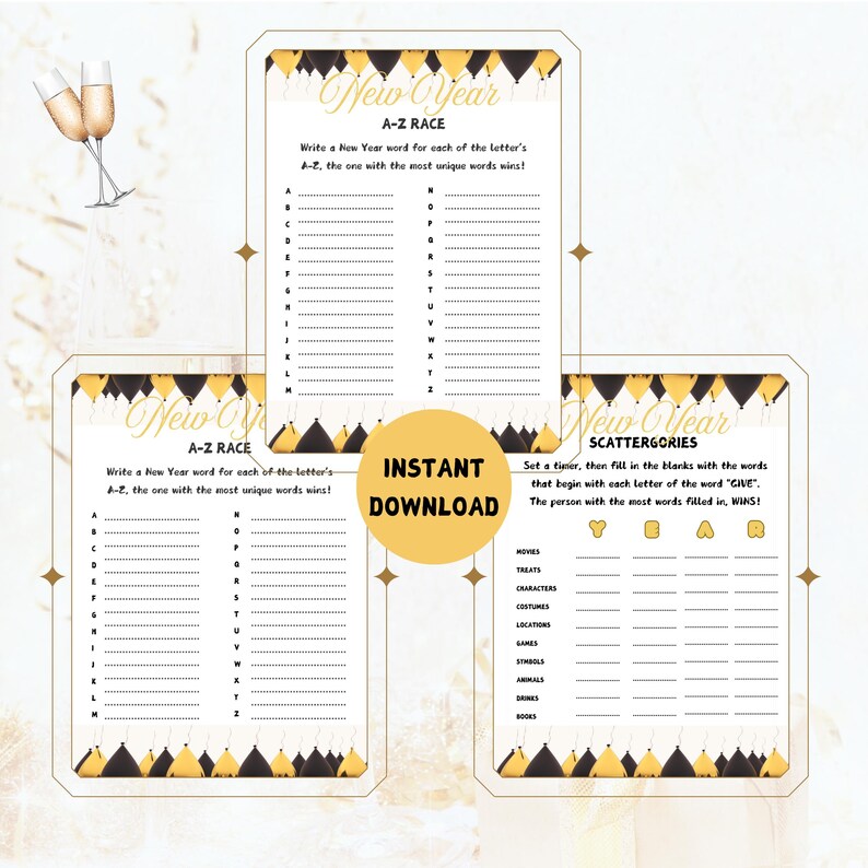 May include: Three printable New Year's party game sheets. The games include an A-Z race, and Scattergories. The sheets have a gold and black balloon design. The words "New Year" are at the top of each sheet. The words "Instant Download" are in the center.