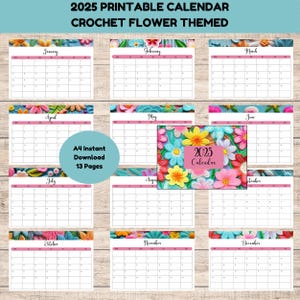 A4 Landscape Calendar Pages Bundle, Crochet Themed, 12 Month Printable Calendar, 2025 Desk Calendar, Year Calendar