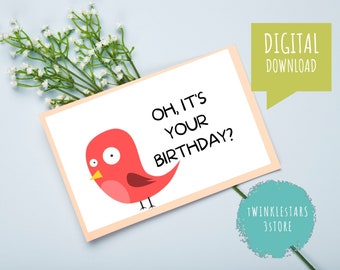 印刷可能な誕生日カード、鳥のカード、7 x 5 インチのデジタルダウンロードカード、即時ダウンロード、面白い鳥のカード