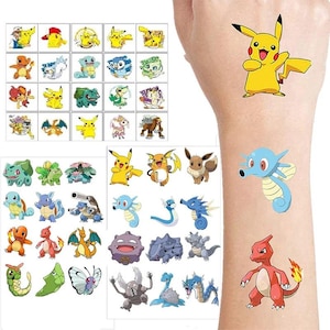 3 pegatinas de tatuajes de Pokémon Pikachu, tatuajes temporales de dibujos animados, pegatinas impermeables, recuerdo de fiesta de cumpleaños para niños, regalo para ella