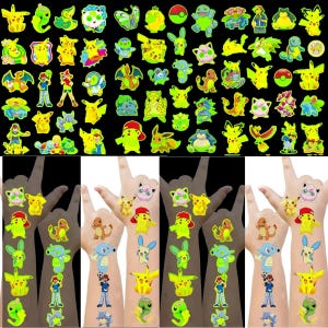 Pegatinas luminosas de tatuajes de Pokémon Pikachu, tatuajes temporales de dibujos animados, pegatinas impermeables, recuerdo de fiesta de cumpleaños infantil, regalo para ella