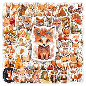 May include: A collection of numerous individual stickers featuring various illustrations of foxes in orange, white, and brown tones. The designs include foxes with floral crowns, sitting in natural settings, and stylised portraits with diverse expressions.