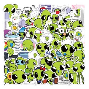 May include: A collection of green alien stickers with various expressions and designs. Some aliens have accessories like hats, bow ties, and thought bubbles. The stickers are on a white background, and some have text.