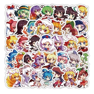 Puede incluir: Una colección de pegatinas de personajes de estilo anime coloridas. Cada pegatina presenta una ilustración única de estilo chibi con colores vibrantes y diseños detallados. Las pegatinas están sobre un fondo blanco.
