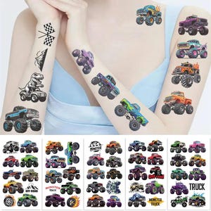 10 pegatinas de Monster Truck para coche, tatuajes de dibujos animados, pegatinas impermeables, recuerdo de fiesta de cumpleaños para niños, regalo para ella