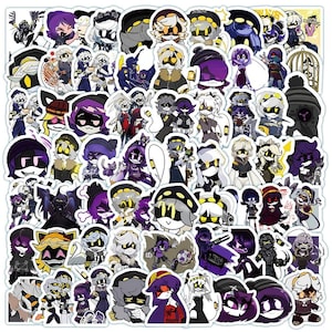 Könnte beinhalten: Eine Sammlung von Aufklebern mit verschiedenen Anime-Charakteren in Lila, Schwarz, Weiß und Gelb. Die Aufkleber zeigen Charaktere in verschiedenen Posen und Outfits, mit einer Vielzahl von Ausdrücken und Accessoires. Geeignet zum Dekorieren von Laptops, Wasserflaschen oder Notizbüchern.
