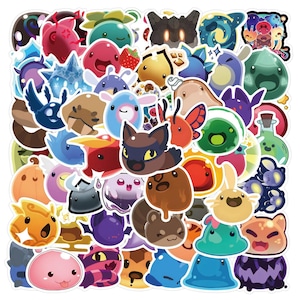 Puede incluir: Una colección de pegatinas coloridas y de dibujos animados con varias criaturas y personajes. Las pegatinas muestran una variedad de formas, colores y diseños, incluyendo slimes, animales y otras figuras caprichosas. Las pegatinas están sobre un fondo blanco.