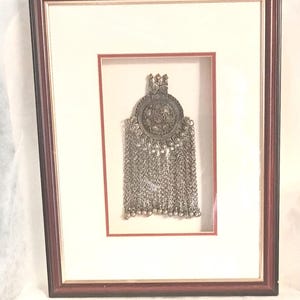 Framed Antique Afghan Kuchi Nomad Tribal Necklace – Ethnic Central Asian Silver-Tone Pectoral – Ornate Bohemian Wall Art – for Collector