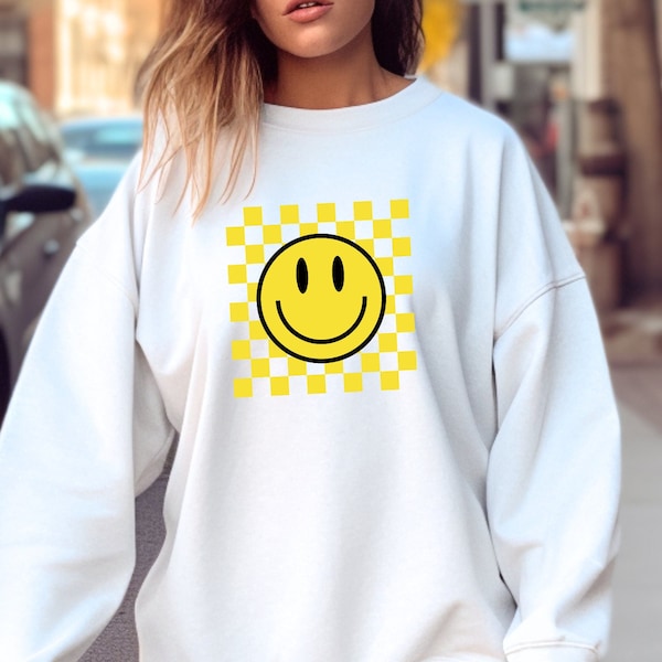 Smiley Face Sweatshirt, Smiley Shirt, Smile Tee, Retro Sweatshirt, Womens Retro Shirt, Vintage Sweatshirt, Geruit blij gezicht