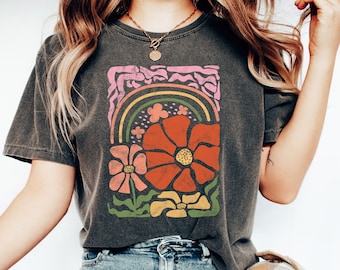 Flower T-Shirt, Boho Wildflower Nature Shirt, T-Shirt, Comfort Colors, Piece Dyed, Boho,Oversized,Vintage,Art Nouveau Art Deco, Flower Shirt