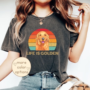 Life Is Golden Retriever T-Shirt, Retro Sunset Gift for Female Dog Owners, Golden Retriever Mama Shirt Vintage Comfort Colors Women's