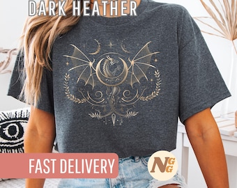 Dragon T-Shirt, Mystical Fantasy Design with Moon and Stars, Vintage Dragon Tee for Fantasy Enthusiasts and Art Lovers