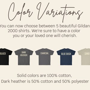 May include: Five t-shirts in different colors, including black, dark heather, charcoal, blue dusk, and sand. The text "Solid colors are 100% cotton, Dark heather is 50% cotton and 50% polyester" is below the shirts.