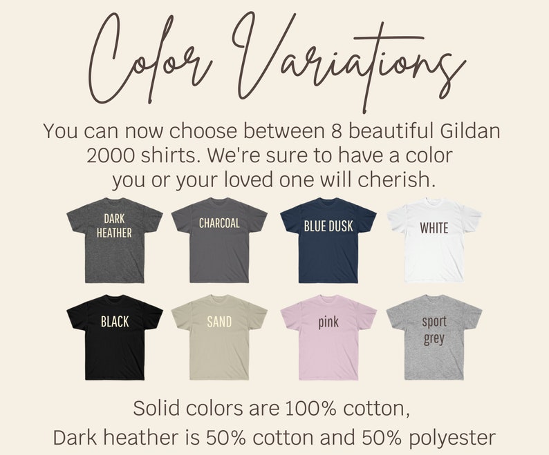 Puede incluir: Ocho camisetas Gildan 2000 en varios colores, incluyendo gris oscuro jaspeado, carb&oacute;n, azul crep&uacute;sculo, blanco, negro, arena, rosa y gris deportivo. Los colores s&oacute;lidos son 100% algod&oacute;n, el gris oscuro jaspeado es 50% algod&oacute;n y 50% poli&eacute;ster.