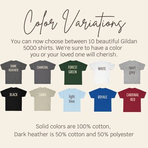 Puede incluir: Una selecci&oacute;n de diez camisetas Gildan 5000 en varios colores, incluyendo gris oscuro jaspeado, carb&oacute;n, verde bosque, blanco, gris deportivo, negro, arena, azul claro, azul real y rojo cardenal. El texto "Los colores s&oacute;lidos son 100% algod&oacute;n, El gris oscuro jaspeado es 50% algod&oacute;n y 50% poli&eacute;ster" se muestra debajo de las camisetas.