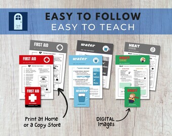 May include: Three printable checklists for emergency preparedness, with a red cross for first aid, a blue glass of water for water storage, and a green cartoon person for heat cooking. The checklists are labeled with the month they are for, October, January, and December. The text "Print at Home or a Copy Store" and "Digital Images" are also included.