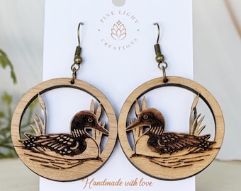 Wood Loon Earrings: Handmade Cherry Wood Bird Jewelry