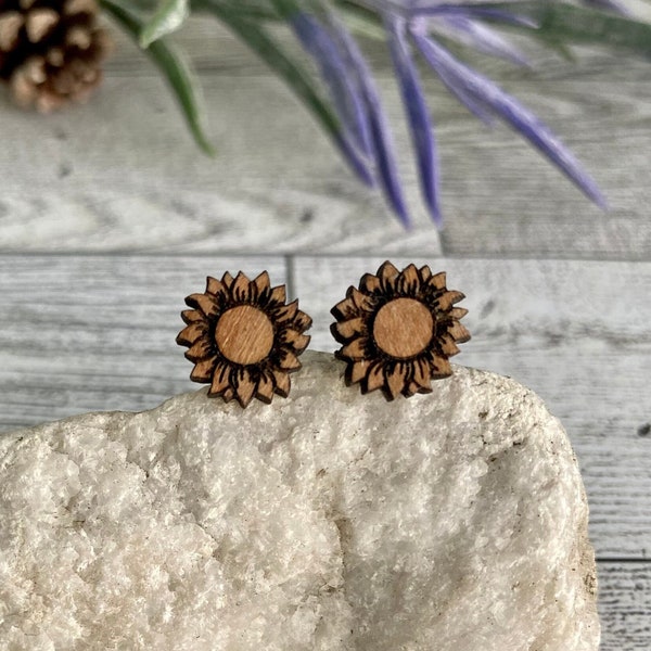 Wood Sunflower Stud Earrings, Cute Spring Flower Jewelry