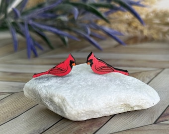 Handmade Red Cardinal Stud Earrings: Maple Wood Bird Jewelry