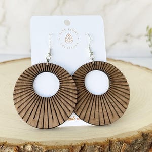 Wood Sunburst Earring Gift, Large Hoop Summer Earring, Drop Sun Earring, Handmade Boho Geometric Earring, Celestial Art Deco Jewelry