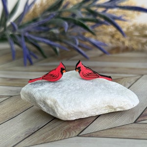 Red Cardinal Stud Earrings, Wood Bird Earrings, Handmade Cardinal Jewelry