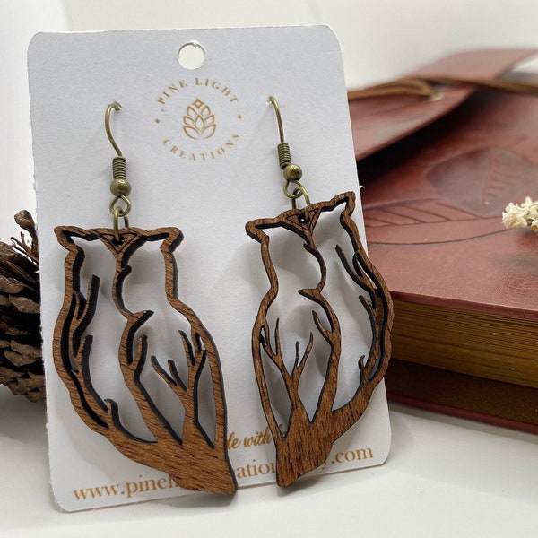 Wood Owl Earrings, Bird Earring, Wooden Jewelry, Boho Owl Dangle Earring, Animal Lover