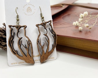 Mahogany Wood Owl Earrings: Laser Cut Boho Dangle Earrings