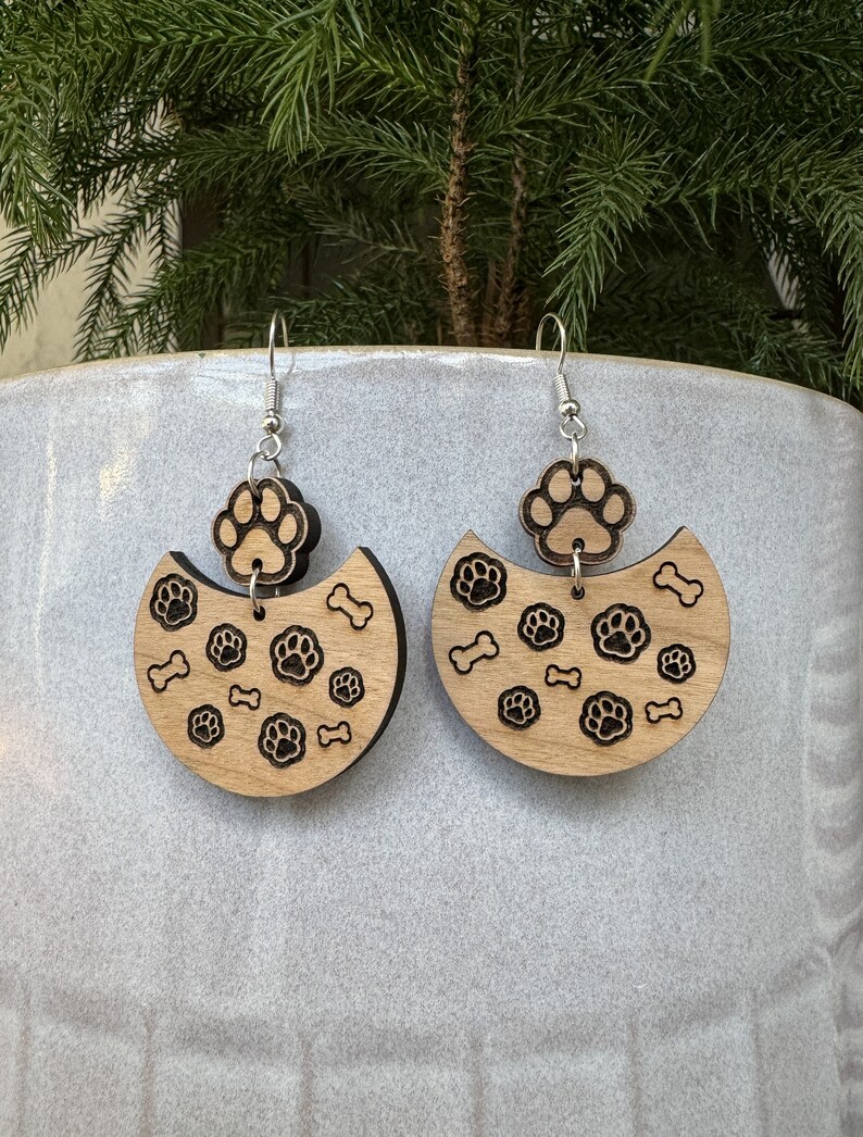Dog Paw Print Earrings, Engraved Dog Paw Prints and Bones Hanging