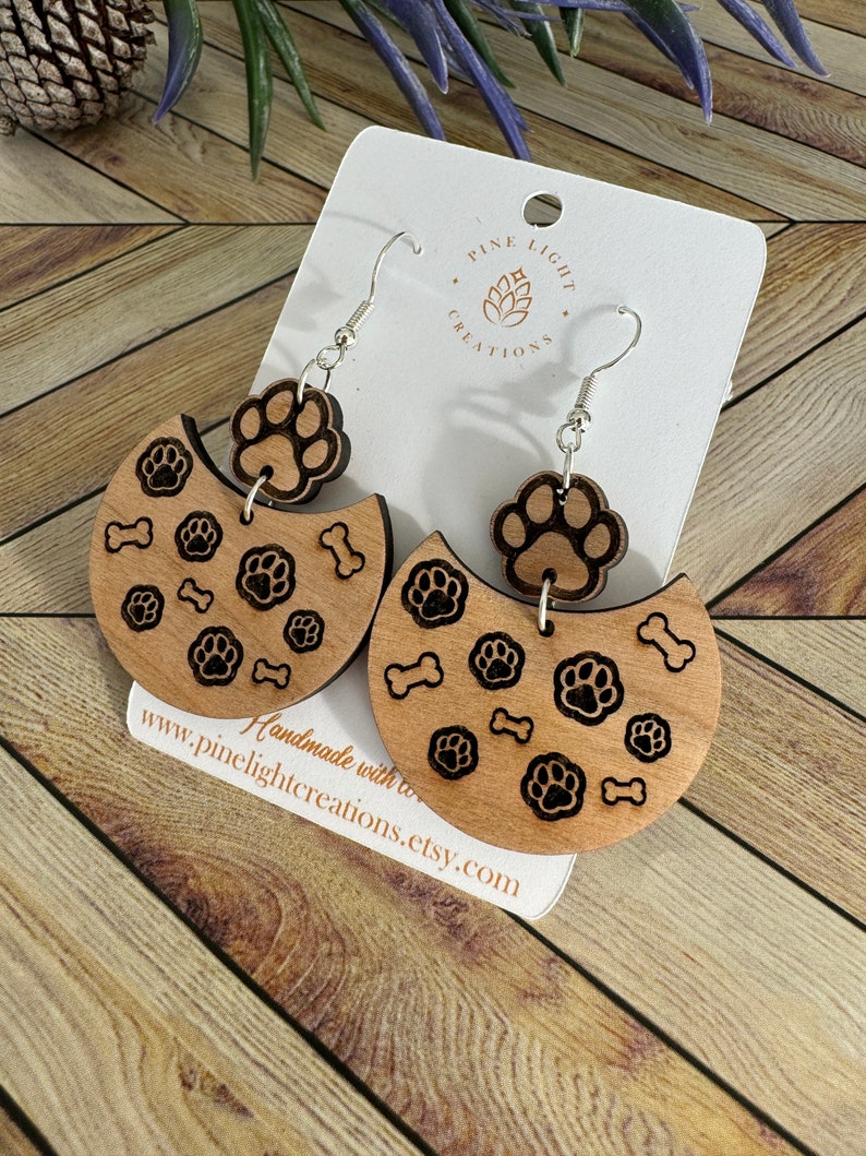 Dog Paw Print Earrings, Engraved Dog Paw Prints and Bones Hanging