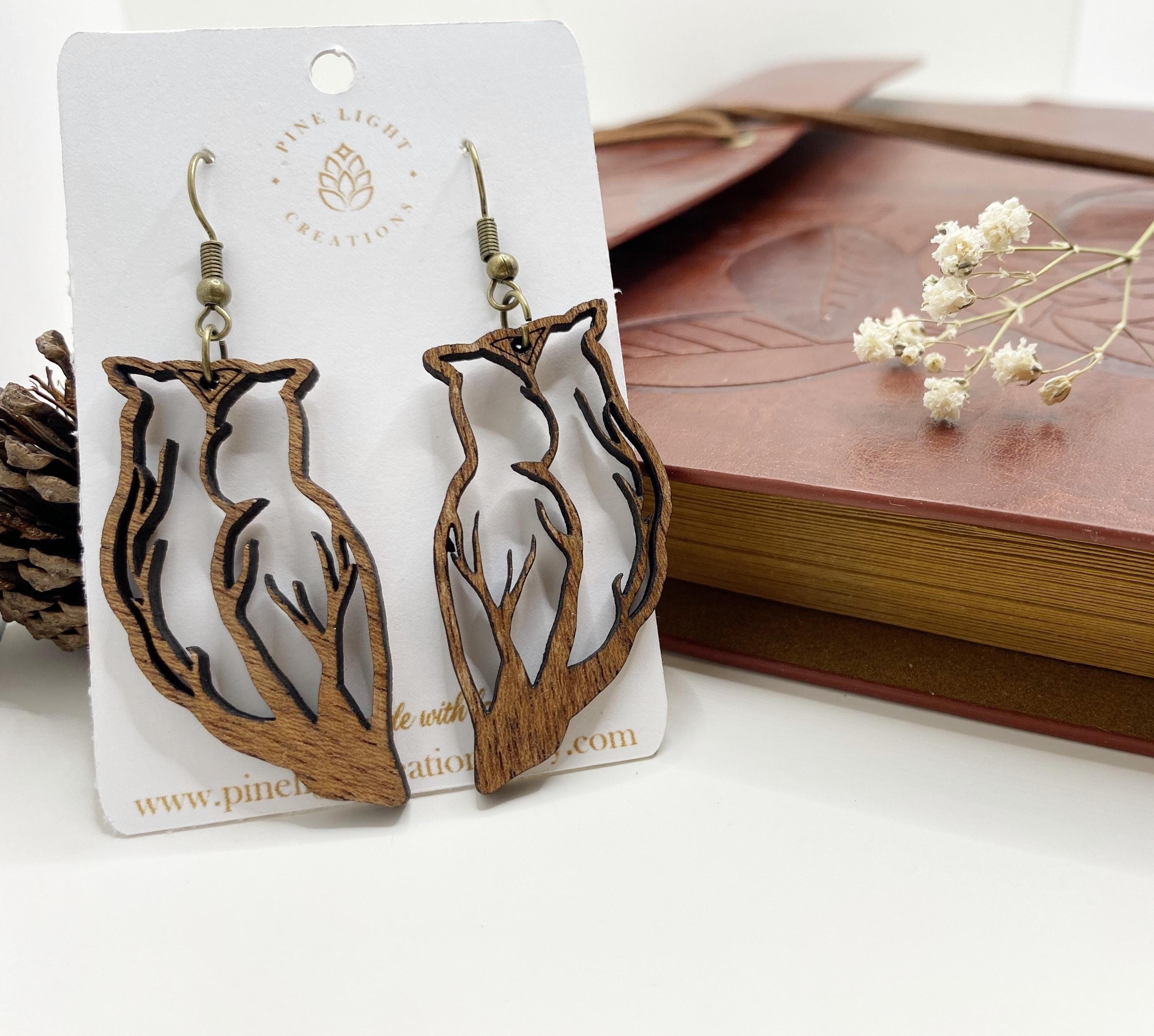 Mahogany Wood Owl Earrings: Laser Cut Boho Dangle Earrings
