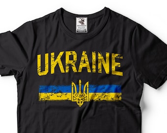 May include: Black t-shirt with a yellow and blue distressed Ukrainian flag and the word "UKRAINE" in yellow lettering.