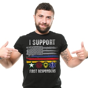 Mens I Support First Responders Shirt USA Patriotic Flag Shirt American Professions Shirts Police Firefighter Military EMT Tee Shirt