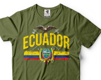 May include: A green t-shirt with a distressed yellow graphic of the word "ECUADOR" and the Ecuadorian flag with an eagle above it.