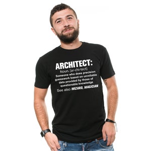 May include: Black t-shirt with white text that reads "ARCHITECT: Noun. [ar-chi-tect] Someone who does precision guesswork based on unreliable data provided by those of questionable knowledge See also WIZARD, MAGICIAN"