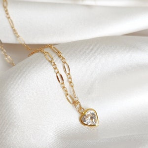 Gold filled cubic zirconia heart necklace, gold filled charm necklace, delicate cz necklace, dainty heart necklace, cz solitaire necklace