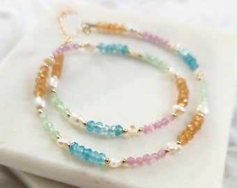 Rainbow Gemstone Beaded Necklace: Gold Filled Pearl Accent