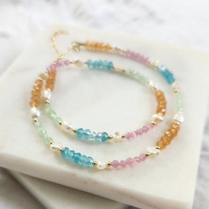 Rainbow Gemstone Beaded Necklace: Gold Filled Pearl Accent