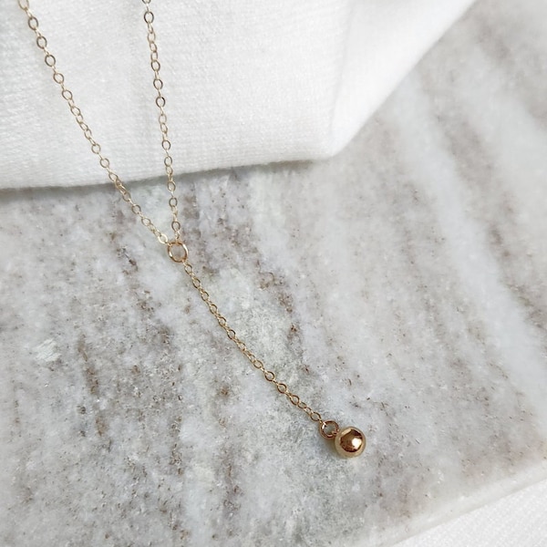 Gold filled lariat ball necklace, dainty ball lariat necklace, Y gold long necklace, gold long bead necklace, minimalist lariat necklace