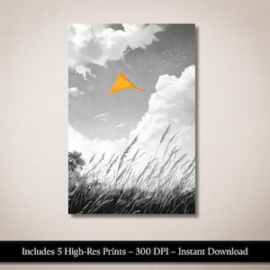 Schwarz weiss Grasland Druck mit gelbem Drachen - Minimalistische Natur Kunst (Digitaler Download