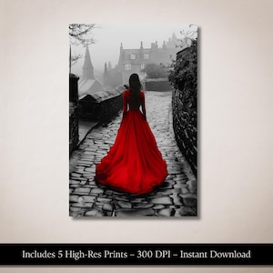 Gothic Woman in Red Cloak Print: Moody Cinematic Wall Art (Digital Download)
