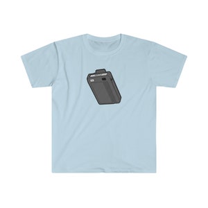 May include: A light blue t-shirt with a black and white illustration of a vintage pager with the text "95511" on the screen.