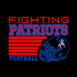 May include: A blue and red graphic design with the text "Fighting Patriots Football" and a blue football helmet with a cartoon image of a soldier inside.