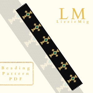 May include: A black and gold beaded bracelet pattern with a turquoise accent. The pattern features a repeating geometric design. The image includes the text "Beading Pattern PDF" and "LM Lizzie Mig".