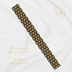 May include: A black and gold peyote stitch bracelet pattern with a purple flower design. The pattern is for a PDF download. The text "Peyote Bracelet PDF Pattern" is written in gold letters on a white background.